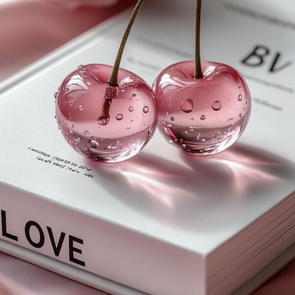 Two glass cherries resting on a white book titled Love