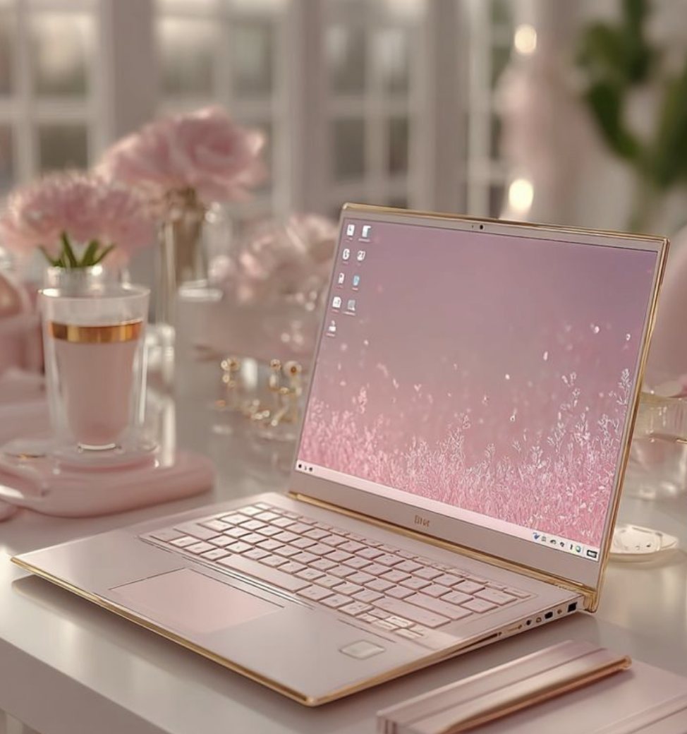 Blush pink laptop with gold trim on a desk beside a vase of pink peonies