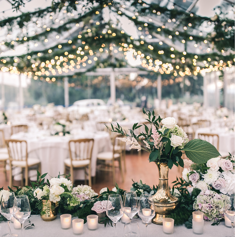 Reception tables with floral centerpieces under a canopy of string lights